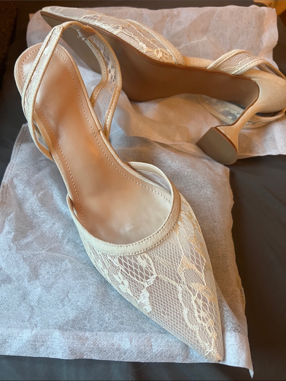 Lace Pointed-Toe Slingback Heels in Cream
